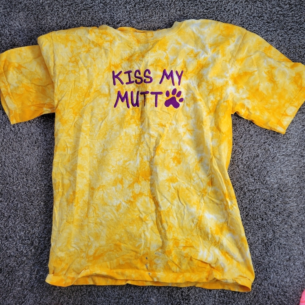 Kiss My Mutt Short Sleeve Shirt Yellow Tie Dye Woman's Hand Dyed Sun Dog